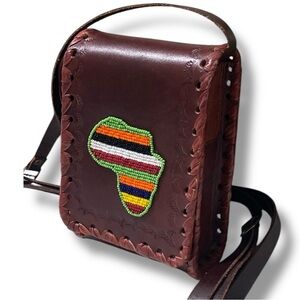 Leather Hand Tooled Brown Shoulder Bag with Beaded African Design 7” x 5” x 2”